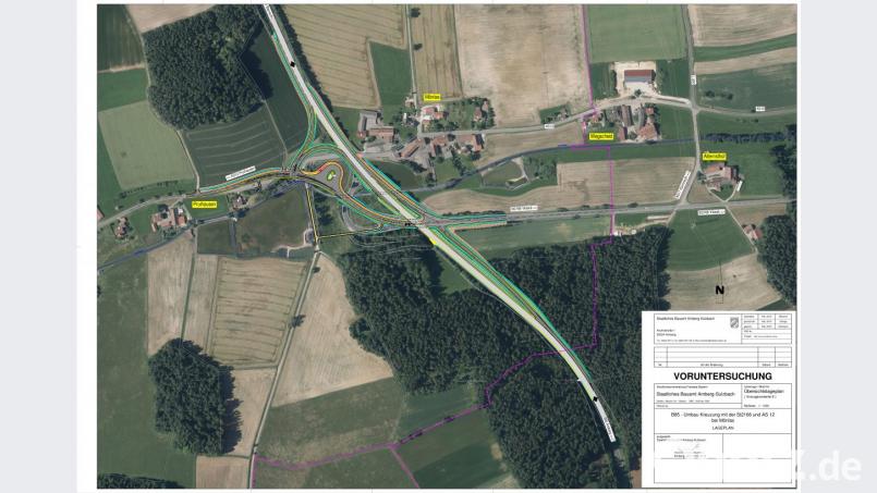 Die Vorplanung des Bauamts für die Kreuzung sieht vor, die Kreisstraße AS 12 und die Staatsstraße 2166 zusammenzuführen. Die Bundesstraße 85 bleibt in ihrem Verlauf unangetastet. Grafik: Staatliches Bauamt Amberg-Sulzbach