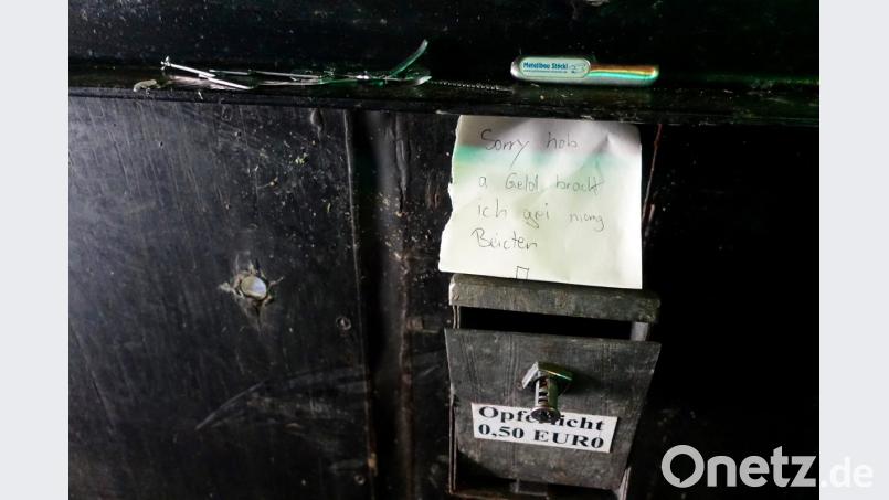 "Sorry hob a Geld bracht ich gei morgn Beichten", schrieb der Opferstock-Aufbrecher auf einen Zettel. Bild: upl