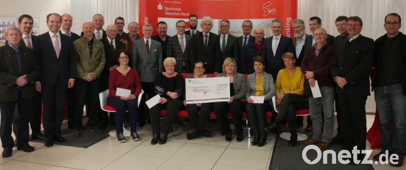 Im Beisein von Landrat Wolfgang Lippert, den Bürgermeistern Franz Stahl, Werner Nickl, Bernd Sommer und Roland Grillmeier überreichte Vorstandsmitglied Hans-Jörg Schön (Dritter von links) die Zuwendungen aus der Sparkassen-Stiftung im Landkreis Tirschenreuth an die Vertreter der Vereine und Institutionen. Bild: tr