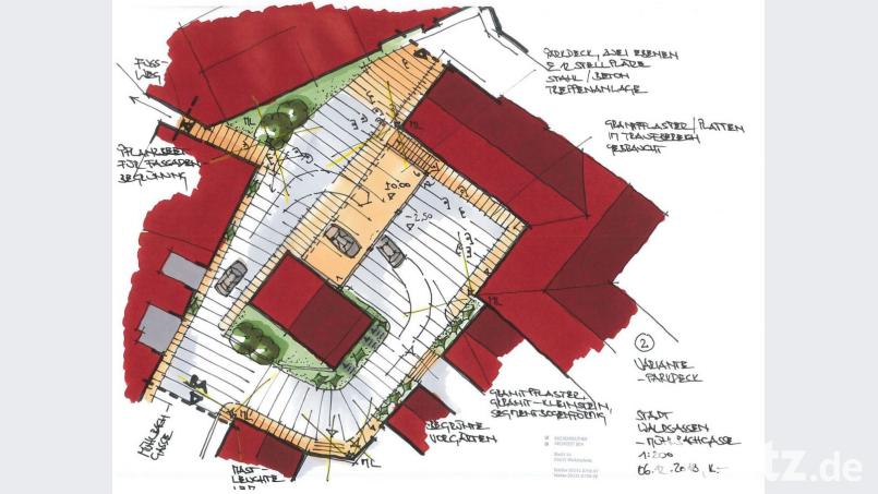 Laut Stadtbaumeister Hubert Siller schon wieder verworfen ist die Variante mit dem Parkdeck. Die dort abgestellten Autos hätten die Blickachse zu den barocken Bauten in der Umgebung gestört; außerdem wäre mehr Verkehrsfläche nötig gewesen. Bild: Architekturbüro Kuchenreuther/exb