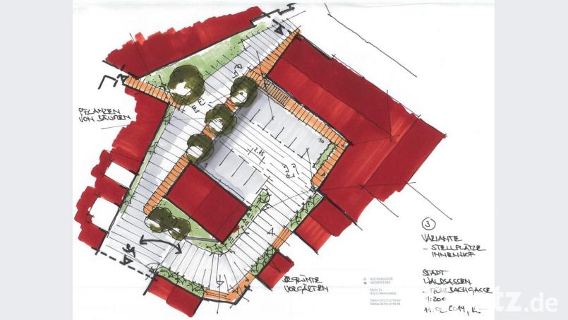 Besonders gestaltet ist der Stellplatz auf dem Grundstück, wo früher das städtische Anwesen Mühlbachgasse 1 stand. Bild: Architekturbüro Kuchenreuther/exb