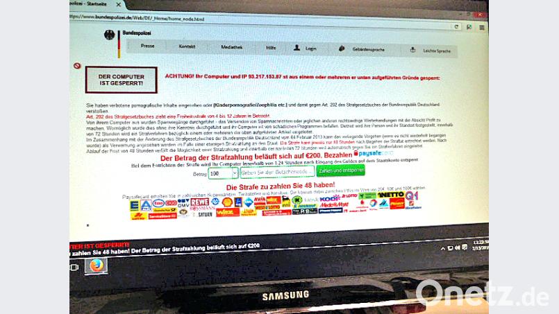 Nachdem sich dieses vermeintlich von der Bundespolizei stammende Fenster auf dem PC eines Sulzbach-Rosenbergers öffnete, war der Computer praktisch lahmgelegt. Die darin aufgeführten Anschuldigungen gleichen einer maßlose Diffamierung. Dahinter stecken Internet-Betrüger. Bild: exb