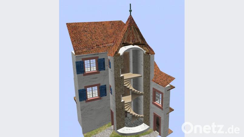 Auch den Wendeltreppenturm beim oberen Schloss konnte Bernhard Weigl digital rekonstruieren. Grafik: Bernhard Weigl/exb
