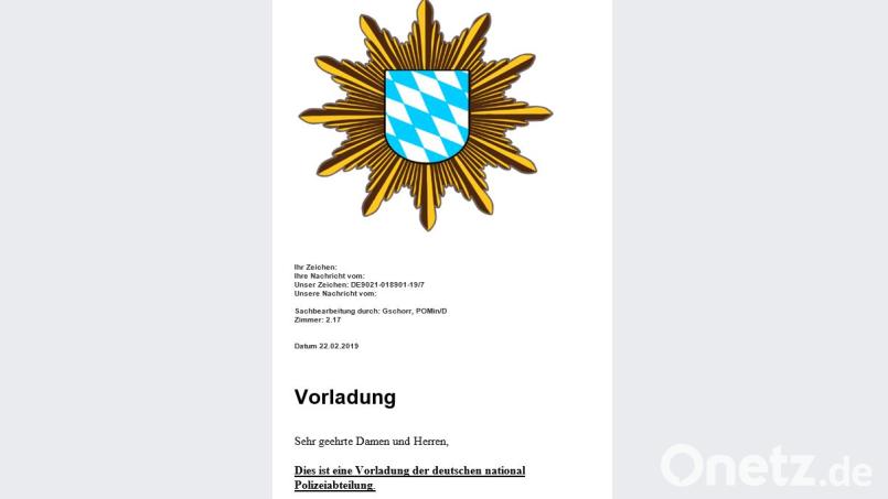 So sieht eine der gefälschten Vorladungen aus, die derzeit im Umlauf sind. Bild: Bayerisches Landeskriminalamt