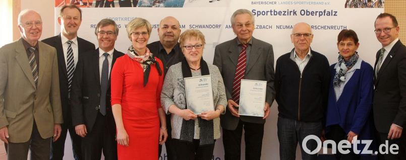 Die Geehrten des BLSV-Sportkreises Amberg-Sulzbach mit den Ehrengästen (von links): BLSV-Ehrenkreisvorsitzender Rudolf Stepper, Bezirksrat Richard Gaßner, BLSV-Schriftführer Klaus Hernes, BLSV-Bezirksfrauenreferentin Barbara Hernes, BLSV-Kreisvorsitzender Thomas Gebele, Martha Segerer vom Sportkegelklub FEB Amberg, Werner Aichner vom FC Amberg im TV 1861 Amberg, Gerd Krause von der DJK Ensdorf, BLSV-Bezirksehrenvorsitzende Evelin Hensel und BLSV-Präsident Jörg Ammon. Bild: lst