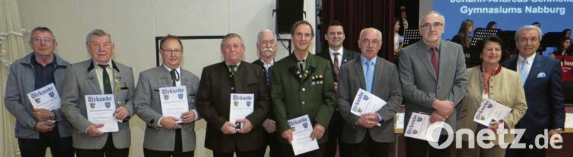 Der Landkreissportverband ehrte die Funktionäre Josef Urban, Johann Spandl, Rudolf Schreiner, Norbert Bauer, Hermann Lang, Georg Bölth, Hubert Dobmeier und Maria Näßl (von links mit Urkunde). Bild: Hirsch