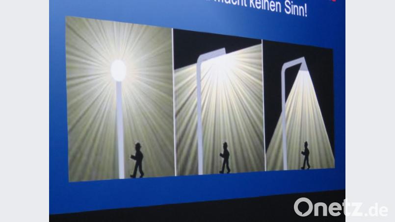 Anhand von anschaulichen Grafiken zeigte Postler, wie die Lampen ihr Licht verschwenderisch in den Himmel schicken. Nur die rechts gezeigten Exemplaren erfüllten den Anspruch, ihr Licht sparsam zu streuen. Bild: ubb