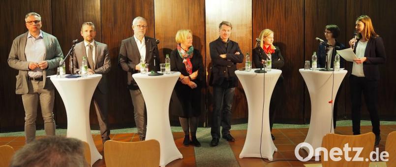 Experten geben Tipps zur Berufswahl und Bewerbung (von links) Thomas Kick (Metallbau Korsche), Martin Neuhaus ( Kliniken Nordoberpfalz), Theo Zeitler (Witron Logistik und Informatik), Corelia Uschold (Constantia Pirk), Stephan Thesing und Tanja von Grün (Sparkasse Oberpfalz Nord). Moderatorinnen waren die Berufsberaterinnen Anita Kersten und Martina Bieber von der Arbeitsagentur Weiden (Siebte und Achte von links). Bild: Bühner