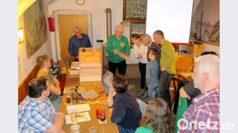 Der Obmann für Jung-Imker, Rudolf Gürtler (Bildmitte, grünes Hemd), führt die Interessierten in die spannende Welt des Probeimkerns ein. Bild: njn