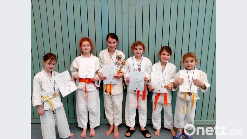 Stolz präsentieren die jungen Judokämpfer ihre Medaillen. Das Bild zeigt von links Ronja Rosenberg (Haag), Maria Jäckel (Schönau), Romy Siebold (Tiefenbach), Katharina Baumer (Tiefenbach), Annalena Böhm (Schönsee) und Alexandra Baumer (Tiefenbach). Bild: eib