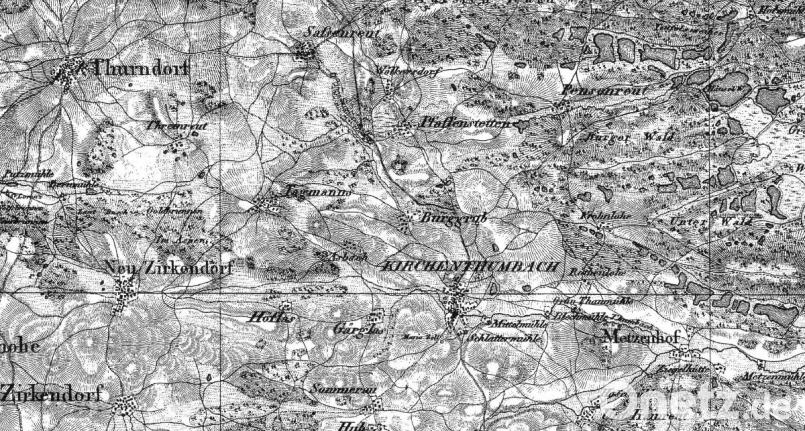 Auszug aus einer Landkarte von 1829 aus dem Topographischen Atlas des Königreiches Bayern im Maßstab von 1:50 000 für das heutige Gebiet der Marktgemeinde Kirchenthumbach. Repro: ü