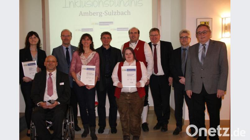 Verleihung des Inklusionspreises 2018 (von links): Heidi Selch-Witt (Berufliches Schulzentrum), Georg Dietrich (Inklusionsbündnis Amberg-Sulzbach), Martin Wurdack (Berufliches Schulzentrum), Moni Thiel und Boris Mayerhofer (Phelan-McDermid-Gesellschaft), Steffi Martin und Dominik Strähl (Ehenbachtaler Blaskapelle), Oberbürgermeister Michael Cerny, Klaus Horn (Sparkasse Amberg-Sulzbach) und stellvertretender Landrat Hans Kummert. Bild: ads