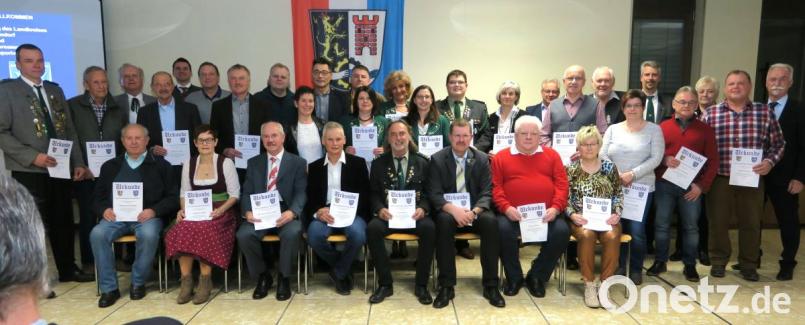 Der Präsident des Landkreissportverbandes, Franz Brunner (rechts), zeichnete langjährige Funktionäre aus. Sitzend die ehrenamtlichen Sportfunktionäre, die die goldene Nadel für 30 Jahre Mitarbeit im Verein erhielten. Bild: Hirsch