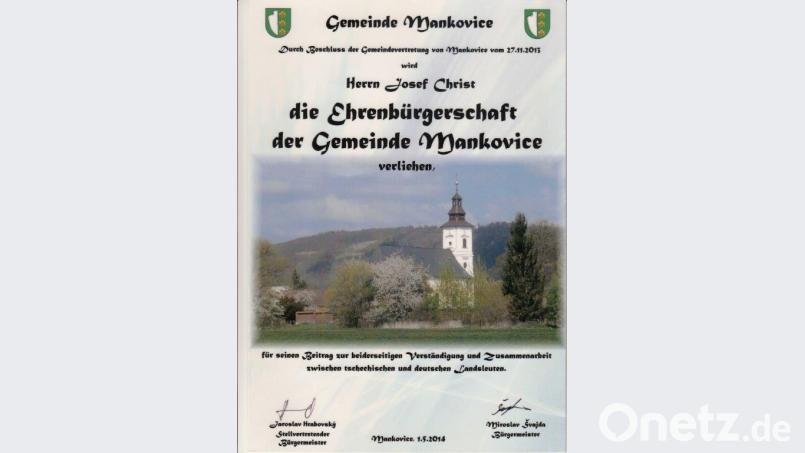 Das heutige Mankovice würdigt Christs &quot;Beitrag zur beiderseitigen Verständigung und Zusammenarbeit zwischen tschechischen und deutschen Landsleuten&quot;. Bild: hka
