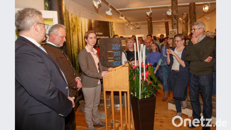 Projektmanagerin Hannah Sieren (am Pult) führte thematisch in die Ausstellung &quot;Unser Wald im Landkreis Schwandorf - damals, heute, zukünftig&quot; im Stadtmuseum ein. Bild: sus