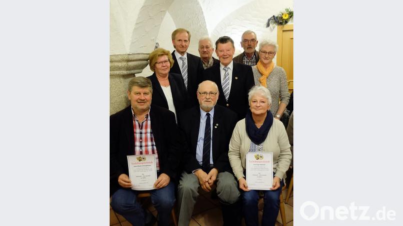 Vorstandsmitglieder und die Spitze des ADAC aus Weiden gratulieren den Geehrten und freuen sich, dass Gerhard Haubner (vorne, Mitte) als Chef des AMC weitermacht. Bild: wlr