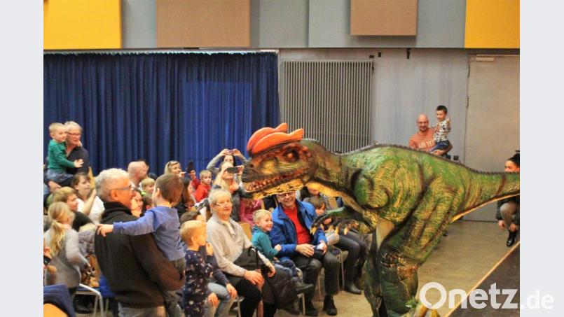 Er brüllt, er schnappt zu und trampelt durch die Reihen. Lachen, Staunen und manch einem Kind kommen auch die Tränen. Bild: Dagmar Williamson, dwi