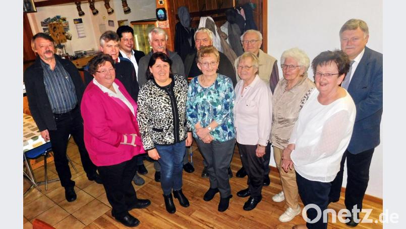 Mit VdK-Geschäftsführer Christian Hartmann (Vierter von links) und Bürgermeister Manfred Porsch (rechts) zeichnet Vorsitzende Margit Kaiser Christa Heier, Waltraut Koch, Wolfgang Heier, Ingeborg Sorger, Anton Schlicht, Josef Kellner, Swetlana Burbach, Clemens König, Edeltraud Käß und Robert Uhr (von rechts) mit Urkunde und Ehrennadel für langjährige Treue aus. Bild: hai