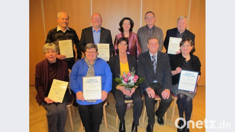 Die Geehrten des BLLV-Kreisverbandes Vilseck (hinten, von links) Konrad Köppl, Arthur Schriml, Vorsitzende Edith Ruppert-Groher, Herbert Hoffmann und Reinhold Gleißl sowie (vorne, von links) Irmgard Rosenblatt, Anna Metz, die Bezirksvorsitzenden Ursula Schroll und Albert Schindlbeck sowie Zweite Vorsitzende Barbara Ströll-Seegerer. Bild: khg