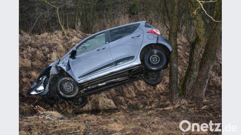 Der Hyundai blieb in den Bäumen hängen, dahinter liegt eine Teichanlage. Warum das Fahrzeug von der Fahrbahn abkam, muss noch geklärt werden. Die Fahrerin kam leicht verletzt ins Krankenhaus nach Tirschenreuth. Bild: jr