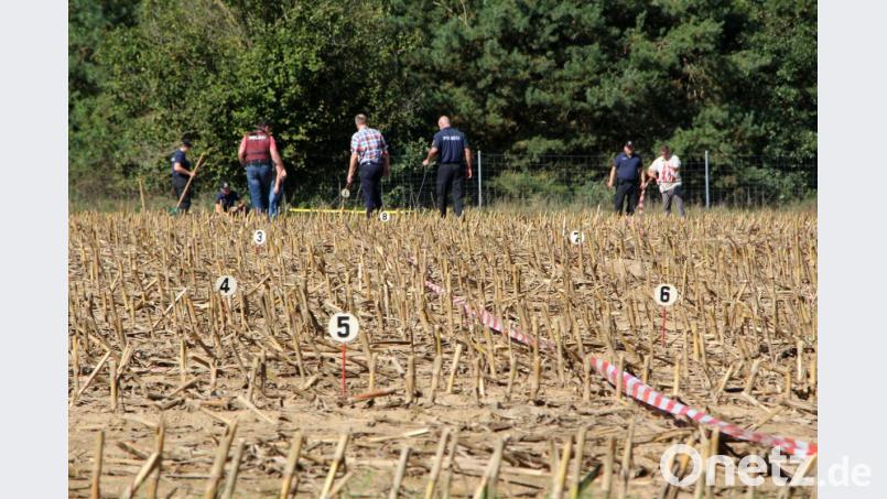 Bei Nittenau suchten Polizisten wiederholt das Feld ab, auf dem eine Jagd stattfand. Ein Verkehrsteilnehmer auf der B16 war wahrscheinlich durch einen Schuss aus einem Jagdgewehr getötet worden. Bild: Alexander Auer