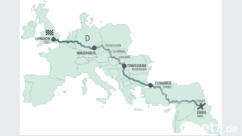 Die Geschleusten stammten zum Teil aus dem Irak. Die Schleusung erfolgte in Etappen. Die rumänischen Fahrer übernahmen den Abschnitt ab Timisoara nach Deutschland. Dann fuhren sie weiter nach Großbritannien, wo sie Rayan S. ausbezahlt haben soll. Grafik: NT/AZ
