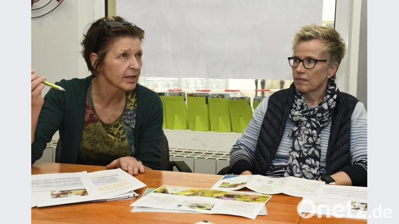 Catherine Dill (links) und Beate Mastel (rechts) machen kräftig Werbung für die Aktion „Amberg engagiert – für Insekten“. Sie soll unsere Stadt zum Blühen bringen. Bild: Petra Hartl