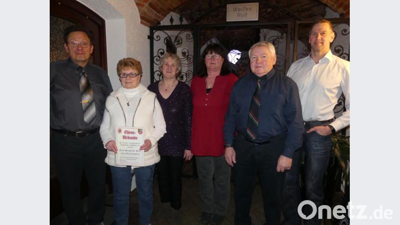 Harald Drobig (von links) ernennt Sieglinde Horn zum Ehrenmitglied und zeichnet die Vereinsmeister Marianne Drobig, Hanspeter Schramm (vertreten von Ehefrau Christine) und Robert Held aus. Es gratuliert stellvertretender Vorsitzender Thomas Riedl. Bild: rn