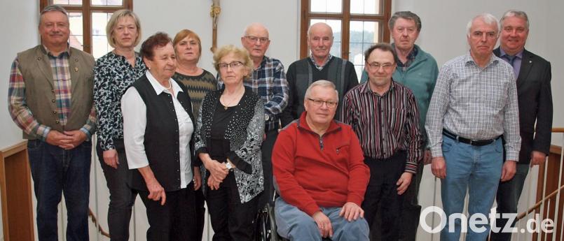 Gemeinsam mit ihrem Stellvertreter Wolfram Seebauer zeichnete Vorsitzende Annemarie Dollacker für langjährige Treue zum Verein Barbara Scharl, Anneliese Birzer, Paula Schindler, Johann Rost, Josef Leikam (sitzend), Josef Koller, Konrad Riedl, Michael Rothut und Michael Ried aus. Bürgermeister Markus Dollacker (von links) gratulierte. Bild: sön