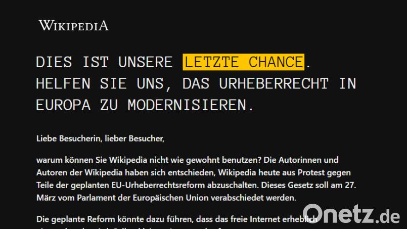 Wikipedia ist aus Protest gegen die geplante EU-Urheberrechtsreform für einen kompletten Tag offline. Screenshot: Wikipedia