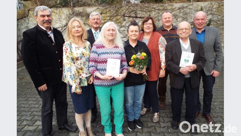 Kreisvorsitzender Reinhard Ott (von links), Klimabeauftragte Veronika Frenzel, Vorsitzender Heinrich Schäfer, Schriftführerin Irene Kugler, Sieglinde Graf, Gertraud Haas, Kassier Werner Geiger, Gründungsmitglied Josef Meier und Bürgermeister Roland Strehl feiern das 50-jährige Bestehen. Bild: e