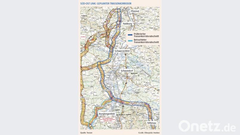 Der Trassenbereich im Landkreis Schwandorfs in den Raum Landshut vor. Grafik: Tennet