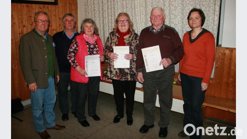 Die Urkunde für ihren Mann Wolfgang nahm Elfriede Stock (Dritte von links) entgegen. Geehrt wurden auch Elisabeth König (Dritte von rechts) und Richard Kellner (Zweiter von rechts). Bürgermeister Toni Dutz und Vorsitzender Josef Konz (von links) gratulierten. Fachberaterin Manuela Pappenberger (rechts) hatte ein Referat vorbereitet. Bild: wro