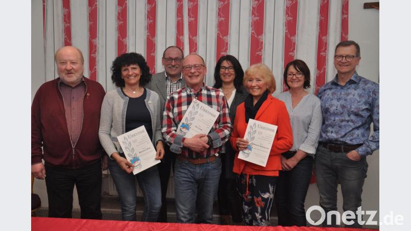 Für langjährige Vereinszugehörigkeit wurden geehrt (von links): Albert Giehl (50 Jahre), Reinhilde Rübl (25 Jahre), Vorsitzender Horst Wettinger, Werner Gleißner (für Tochter Sina, 25 Jahre), Birgit Zant (Familie, 10 Jahre), Marlene Seidenglanz (25 Jahre) sowie Maria und Helmut Wolfrum (Familie, 10 Jahre). Bild: ws