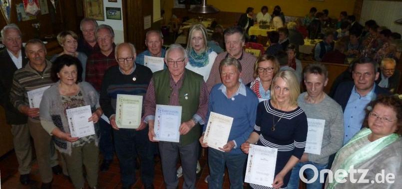 Zahlreiche Mitglieder wurden für ihr Engagement oder ihre langjährige Treue zum OGV Teunz ausgezeichnet. 50 bzw. 60 Jahre dabei sind Michael Zimmet (vorne, ab Zweiter von links) und Erwin Biersl. Vorsitzende Barbara Winkler (dahinter) gratulierte ebenso wie der Ehrenkreisvorsitzende Adolf Uschold (links), Kreisgeschäftsführerin Heidi Schmid (von rechts) und Bürgermeister Norbert Eckl. Bild: Portner