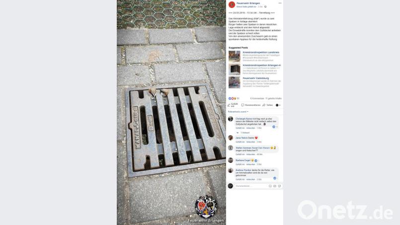 Tierrettung bei der Feuerwehr Erlangen: Zwei Spatzen waren im Gullideckel gefangen. Bild: facebook.com/Feuerwehr Erlangen