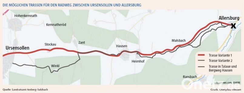 Die rote Linie zeigt den Verlauf der Kreisstraße AS 4, an der die straßenbegleitende Variante des Radwegs direkt entlangführt. Grau ist die Alternativroute, die bestehende Wirtschaftswege nutzt. Grafik: Oberpfalzmedien