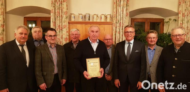 Für 40 Jahre aktive Mitgliedschaft beim Tirschenreuther Männergesangsverein wurde Herbert Legat (Fünfter von links) geehrt. Es gratulierten Vorsitzender Rudolf Schmidt (Zweiter von links), Chorleiter Horst Schultes (Vierter von links), der gesamte Vorstand und Bürgermeister Franz Stahl (Dritter von rechts). Bild: jss