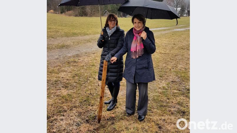 landtagsabgeordnete Annette Karl und Bürgermeisterin Margit Kirzinger stehen in Reichenau auf einer Wiese. Dort hatte der Vorarbeiter der Firma Baumer eine Stelle markiert, von der aus Telefonieren mit dem Handy einigermaßen möglich ist. Bild: fjo