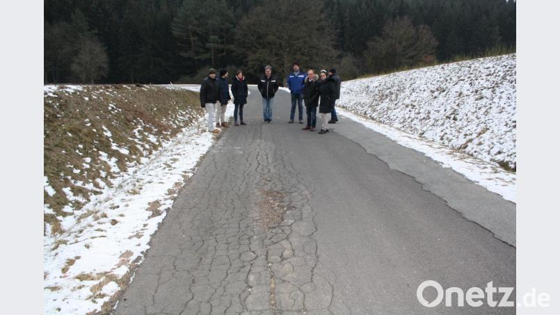 Eine neue Asphaltdecke hat die Straße zwischen Riggau und der Winterleite dringend nötig, eine Verbreiterung ist allerdings nicht erforderlich, befand der Bauausschuss des Stadtrats bei einem Ortstermin. Bild: bjp