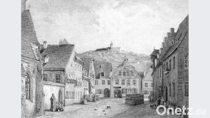 Der „Türkenwirt“ am oberen Ende der (heutigen) Bahnhofstraße vor 1859. Bild: exb