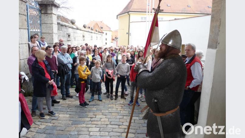 Mit diesem Ansturm von fast 200 Teilnehmern haben die Veranstalter der szenischen Stadtführung nie und nimmer gerechnet. Bevor die Menge ganz tief in die Stadtgeschichte eintauchen konnte, musste erst am Zangentor der Burg an der Schlossauffahrt halt gemacht werden. Bild: rlö
