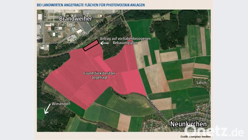 Die Eigentümer dieser Grundstücke im Nordwesten von Neunkirchen hat die Primus Energie aus Regensburg angeschrieben, ob sie Interesse haben, ihre Flächen, insgesamt rund 40 Hektar, für den Bau von Photovoltaik-Anlagen zu verpachten. Grafik: Oberpfalz-Medien