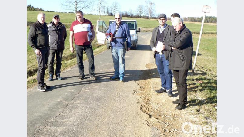 Risse, Schlaglöcher, weggebrochener Fahrbahnrand: Zu Beginn seiner Sitzung nimmt der Bauausschuss die Gemeindeverbindungsstraße Sassenreuth – Tagmanns in Augenschein. Die Räte machen sich einen Eindruck von den Schäden dort. Bild: lep
