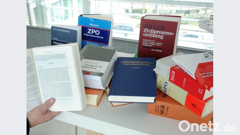 Zwei Waschwannen voll Bücher und Unterlagen bringt der 71-Jährige aus dem Kreis Neustadt in die Redaktion. Dutzende Bände hat er gelesen, um sich auf seine Prozesse vorzubereiten, vor allem Bücher über Anwaltshaftung. Bild: Stephan Huber