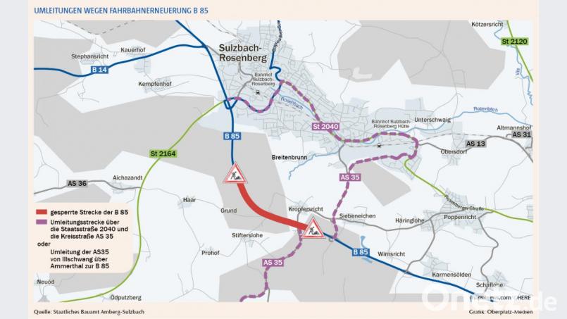Der Plan zeigt das vollgesperrte Teilstück der B 85 und die möglichen Umfahrungen. Grafik: Oberpfalz-Medien