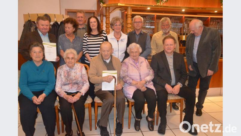 Die Siedlergemeinschaft Rothenstadt-Fichtenbühl ehrt im Lehnersaal langjährige Mitglieder mit Bezirksvorsitzendem Christian Benoist (rechts) und Vorsitzender Gisela Chacon (Fünfte von links). Bild: Kunz