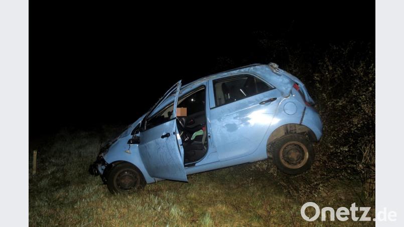 Wildunfall bei Freudenberg: Dreimal überschlug sich das Auto eines jungen Mannes, dann kam es mit Totalschaden zum Stehen. Bild: Polizei Amberg