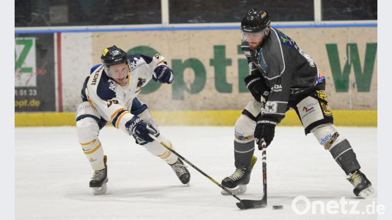Felix Söllner (rechts) feierte nach drei Jahren Pause ein gutes Comeback beim ERSC Amberg. Der 26-Jährige wird auch in der kommenden Saison das Löwen-Trikot tragen. Bild: brü