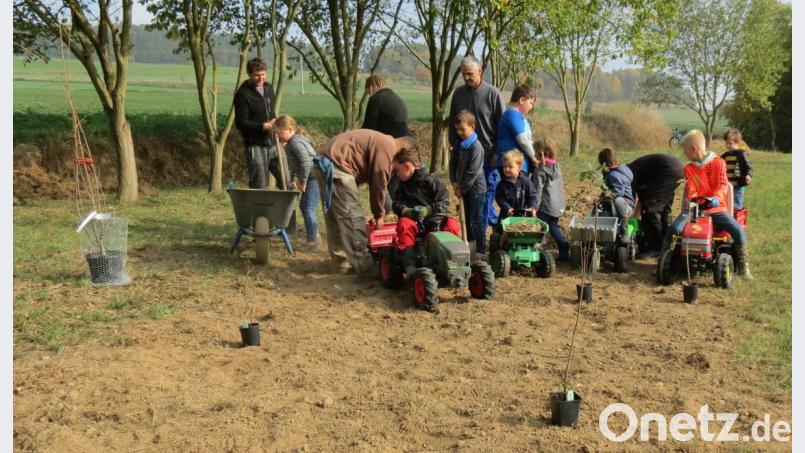 Mit einem großen Fuhrpark war auch der Nachwuchs dabei, als am Radlweg Beerensträucher gepflanzt und eine Streuobstwiese angelegt wurde. Bild: kö